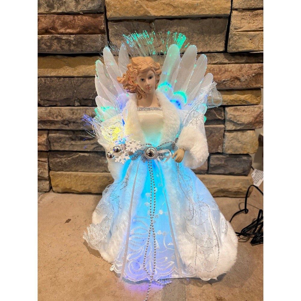 VTG LED Fiber Optic White and Silver Angel Christmas Tree Topper Electric 12"